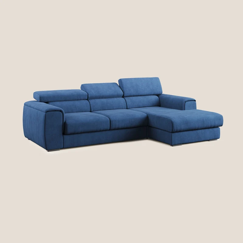 Zeno canapé d'angle et pouf extractible en tissu doux imperméable T02 bleu