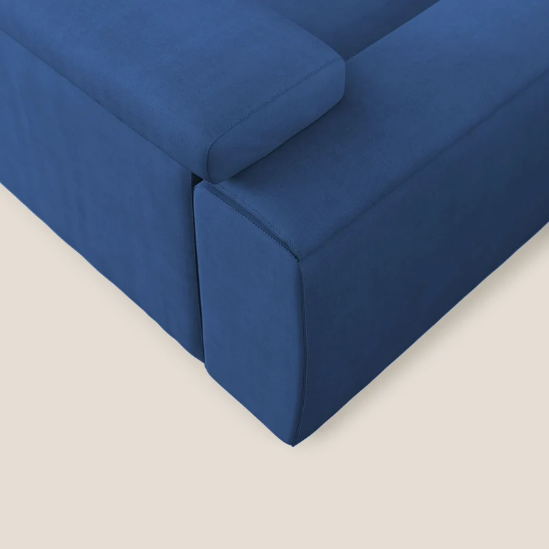 Zeno canapé d'angle et pouf extractible en tissu doux imperméable T02 bleu