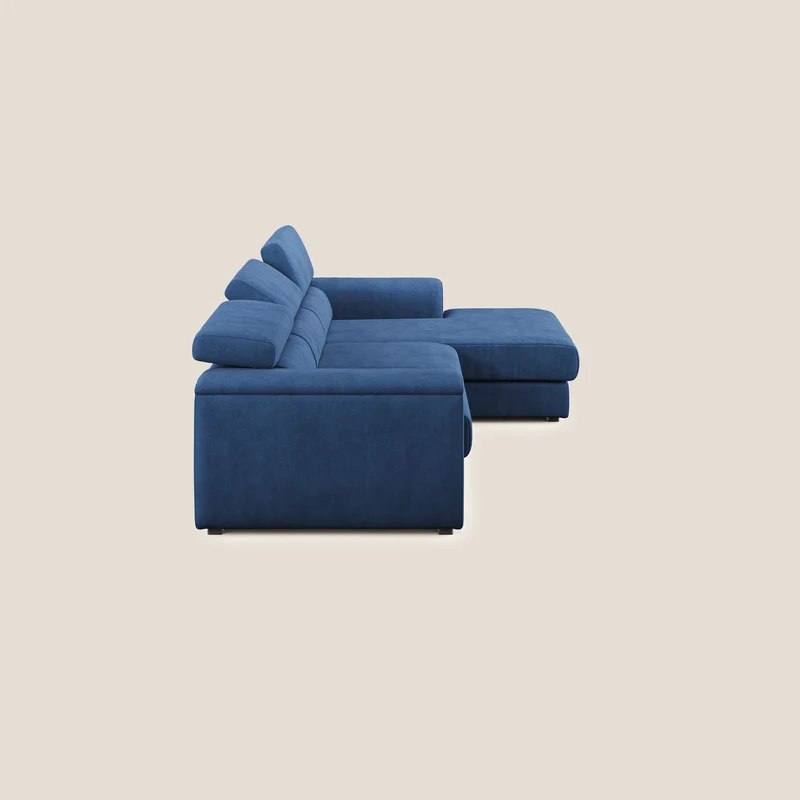 Zeno canapé d'angle et pouf extractible en tissu doux imperméable T02 bleu