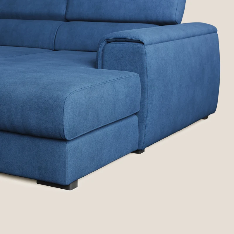 Zeno canapé d'angle et pouf extractible en tissu doux imperméable T02 bleu