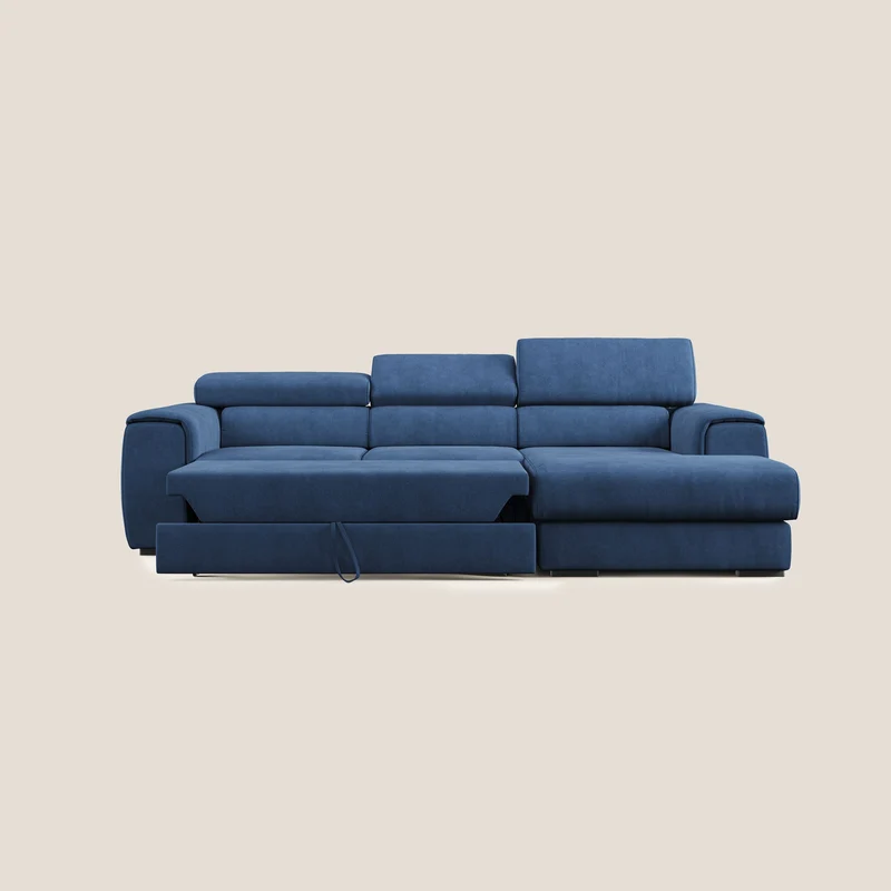 Zeno canapé d'angle et pouf extractible en tissu doux imperméable T02 bleu