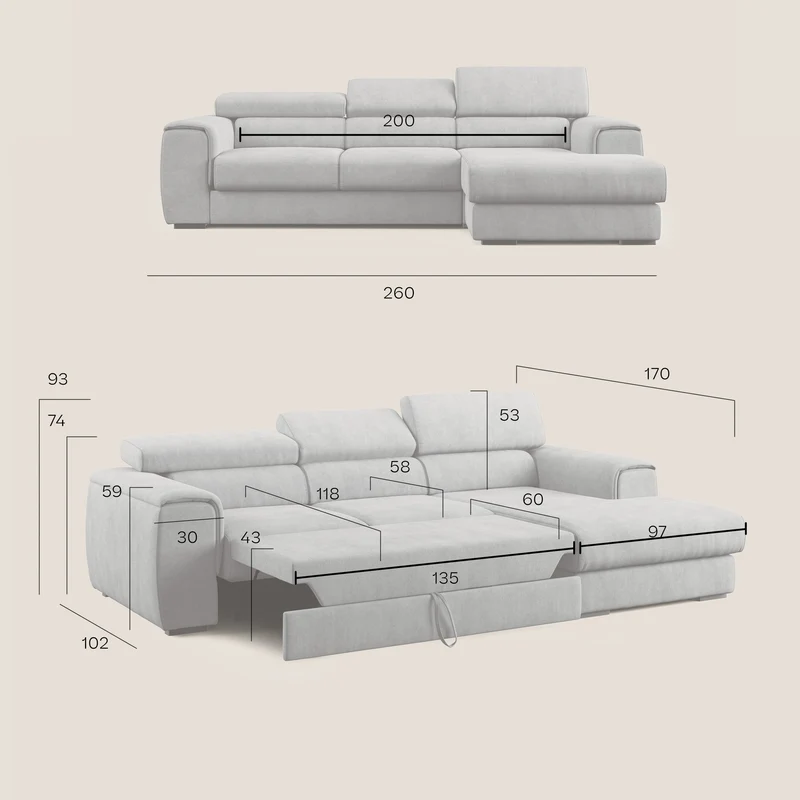 Zeno canapé d'angle et pouf extractible en tissu doux imperméable T02 bleu