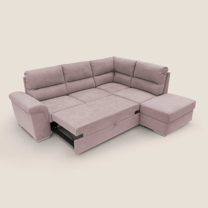 Minerva canapé d'angle avec angle et pouf extractible en tissu doux imperméable T02 rose