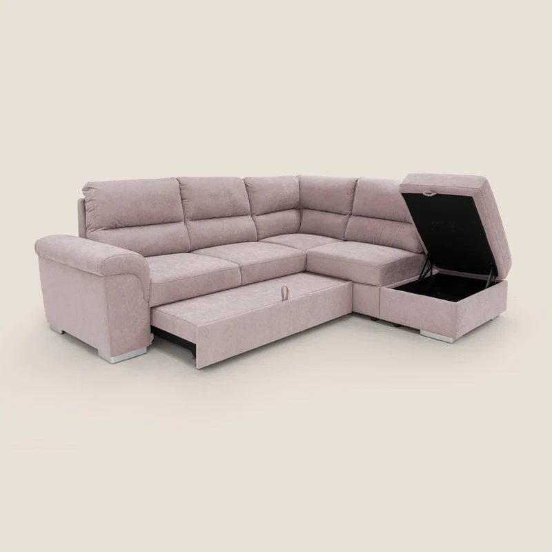 Minerva canapé d'angle avec angle et pouf extractible en tissu doux imperméable T02 rose