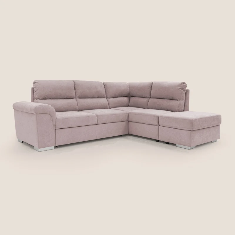 Minerva canapé d'angle avec angle et pouf extractible en tissu doux imperméable T02 rose