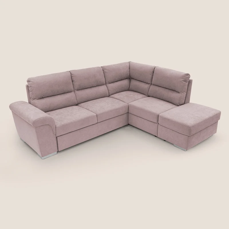 Minerva canapé d'angle avec angle et pouf extractible en tissu doux imperméable T02 rose