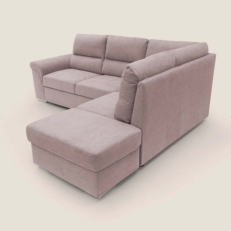 Minerva canapé d'angle avec angle et pouf extractible en tissu doux imperméable T02 rose