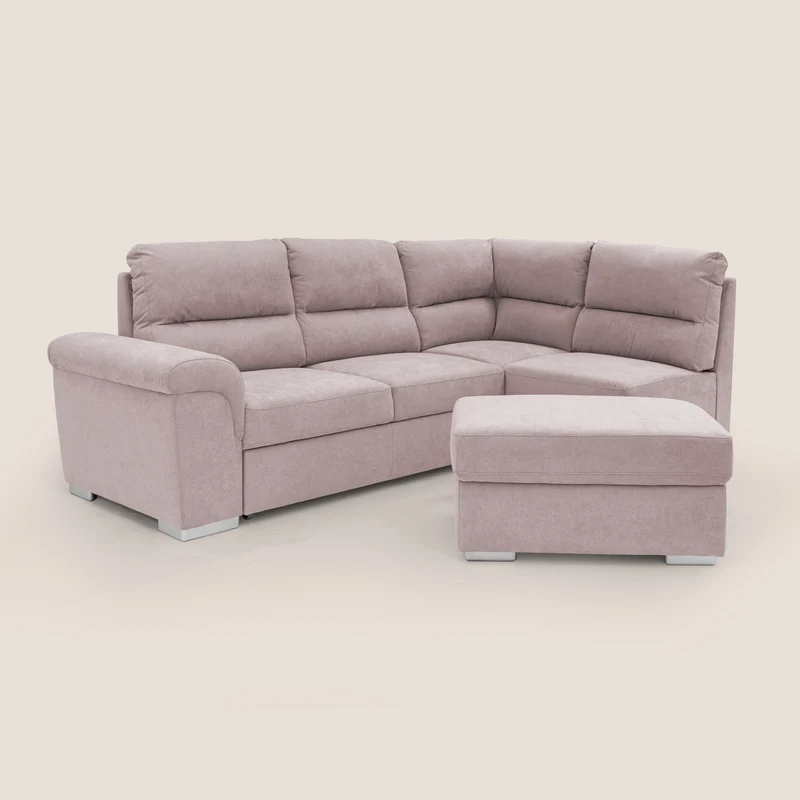Minerva canapé d'angle avec angle et pouf extractible en tissu doux imperméable T02 rose
