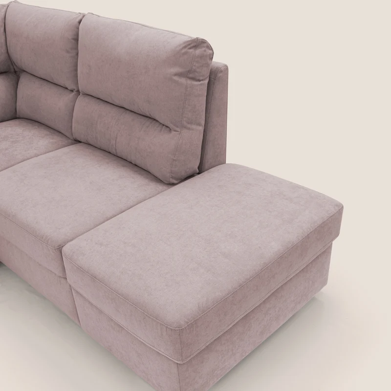 Minerva canapé d'angle avec angle et pouf extractible en tissu doux imperméable T02 rose