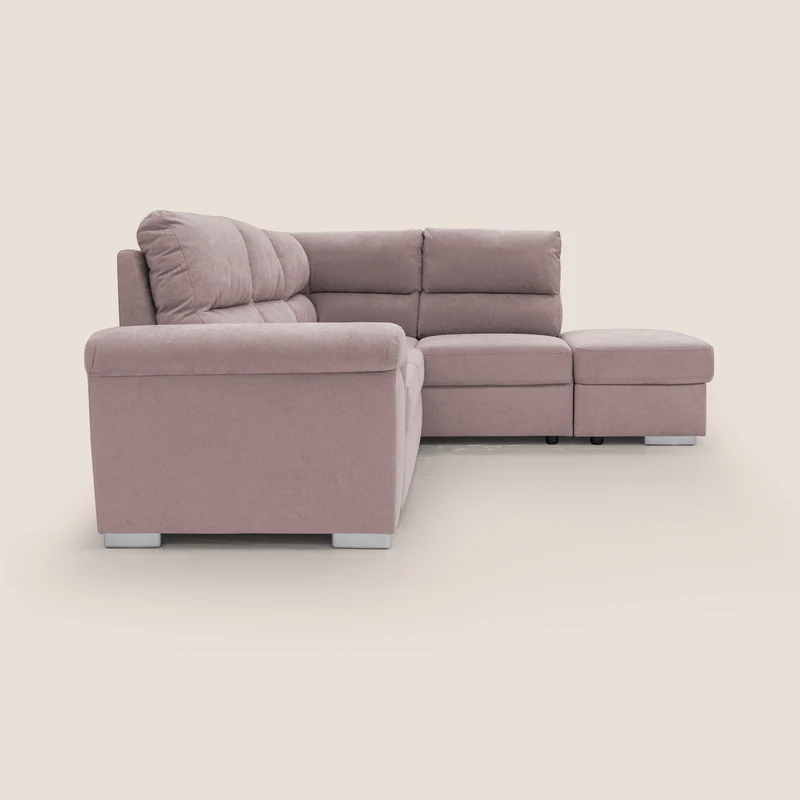 Minerva canapé d'angle avec angle et pouf extractible en tissu doux imperméable T02 rose