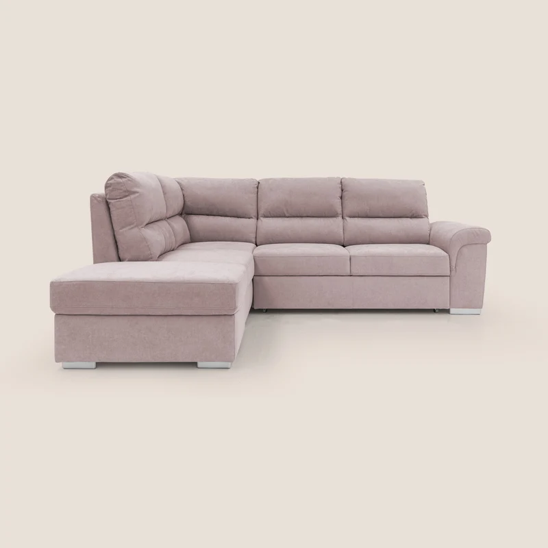 Minerva canapé d'angle avec angle et pouf extractible en tissu doux imperméable T02 rose