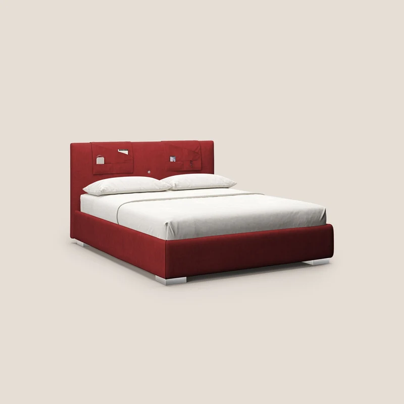 Horus lit rembourré avec coffre et prise USB sur la tête de lit en tissu imperméable T02 rouge