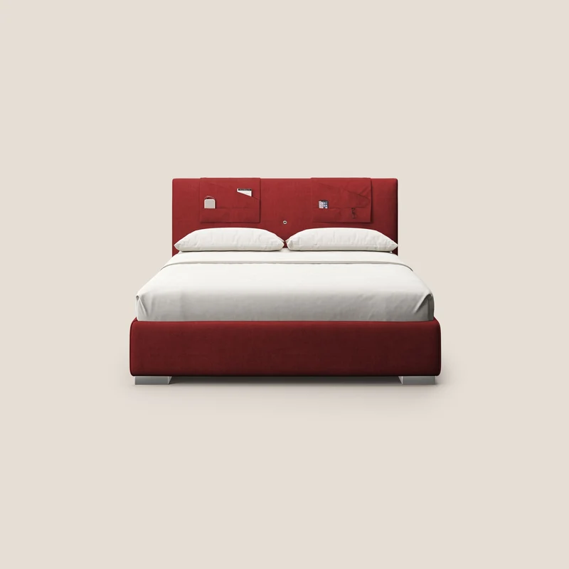 Horus lit rembourré avec coffre et prise USB sur la tête de lit en tissu imperméable T02 rouge