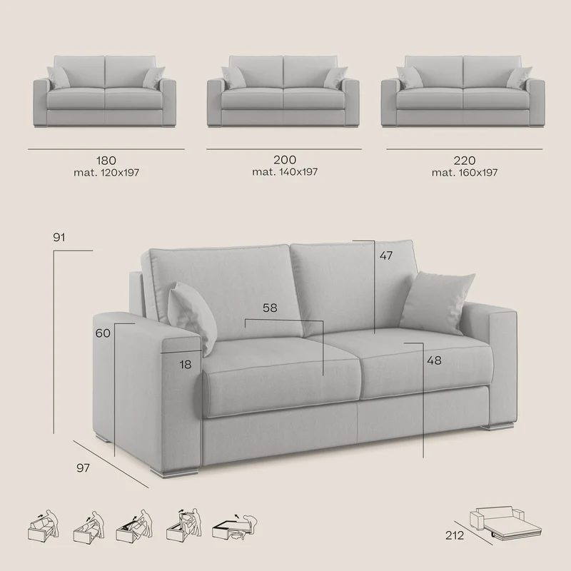 Dream canapé-lit convertible avec coussins doux en tissu détachable T05 gris