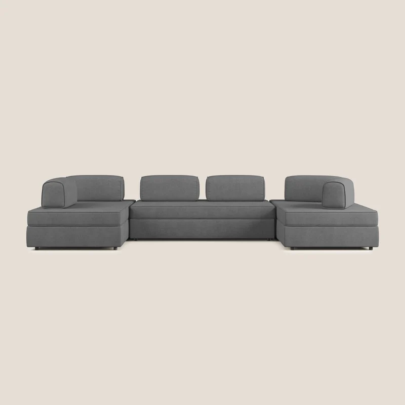 Liberty Canapé panoramique avec pouf extractible et dossiers amovibles en tissu doux imperméable T02 gris