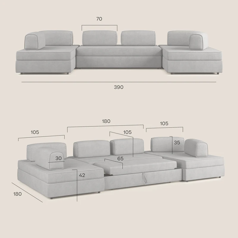 Liberty Canapé panoramique avec pouf extractible et dossiers amovibles en tissu doux imperméable T02 gris