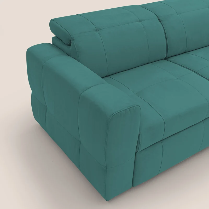 Kronos Canapé avec pouf extractible et têtières inclinalbes en microfibre douce imperméable T11 bleu canard