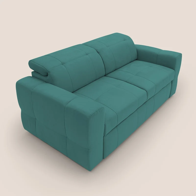Kronos Canapé avec pouf extractible et têtières inclinalbes en microfibre douce imperméable T11 bleu canard
