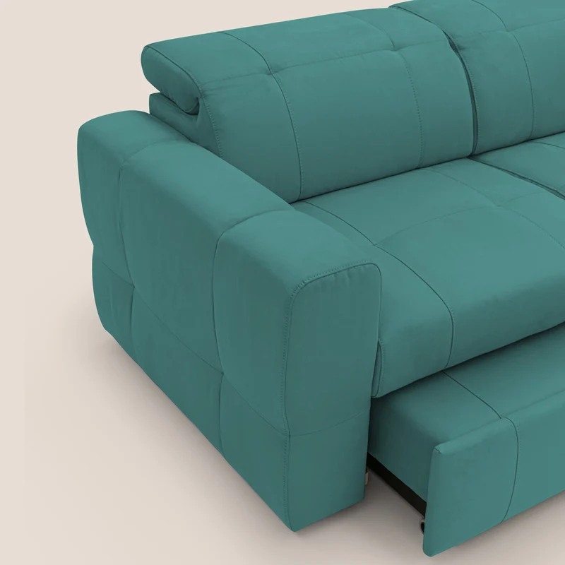 Kronos Canapé avec pouf extractible et têtières inclinalbes en microfibre douce imperméable T11 bleu canard