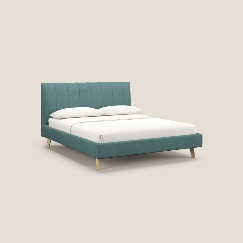 Selene lit rembourré avec pieds bois naturel déhoussable en tissu imperméable T02 bleu canard