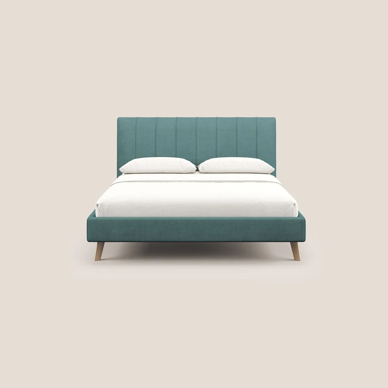 Selene lit rembourré avec pieds bois naturel déhoussable en tissu imperméable T02 bleu canard