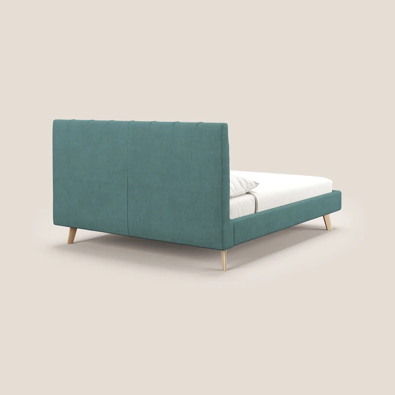 Selene lit rembourré avec pieds bois naturel déhoussable en tissu imperméable T02 bleu canard