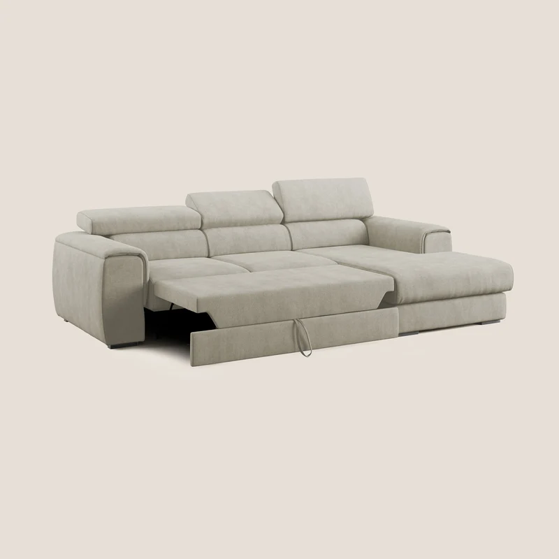 Zeno canapé d'angle et pouf extractible en tissu doux imperméable T02 crème