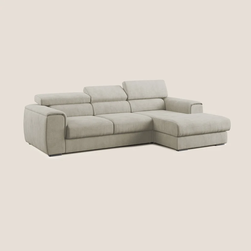 Zeno canapé d'angle et pouf extractible en tissu doux imperméable T02 crème