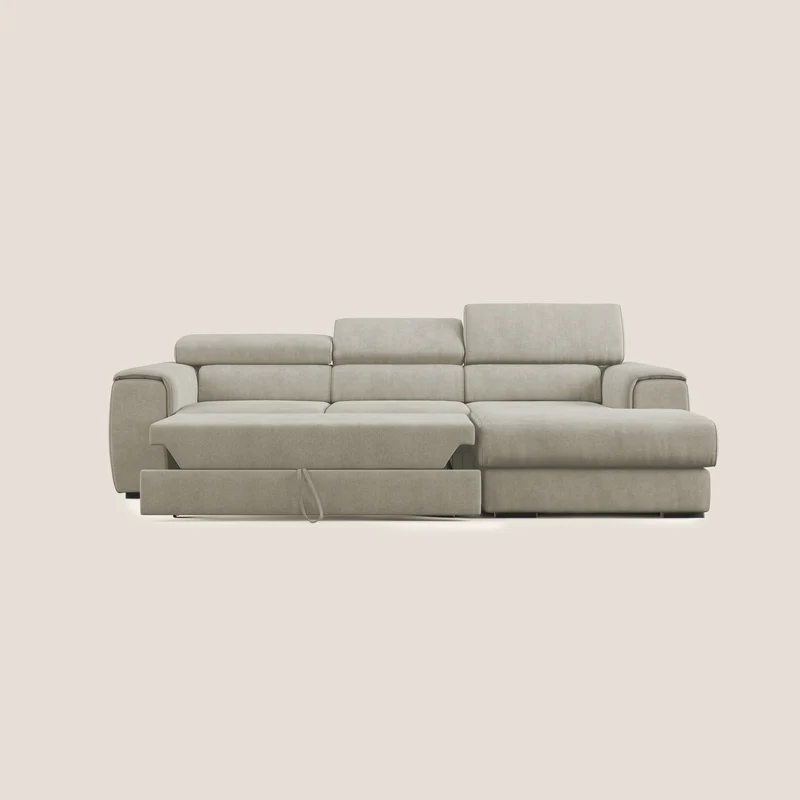 Zeno canapé d'angle et pouf extractible en tissu doux imperméable T02 crème