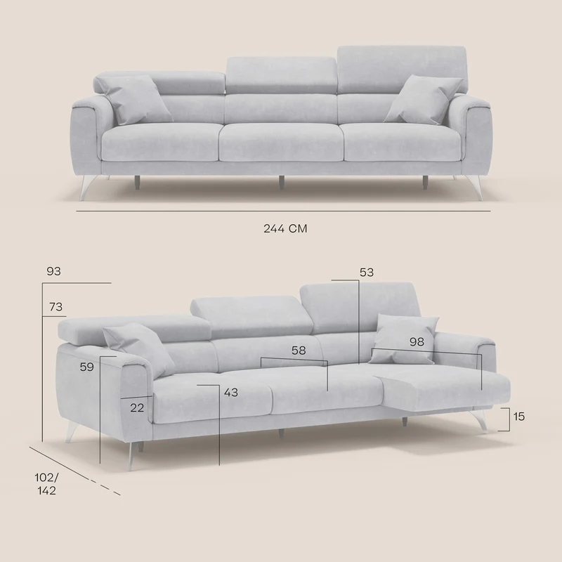 Caravaggio canapé 3 assises extensibles et têtières réglables en tissu imperméable T02 rose