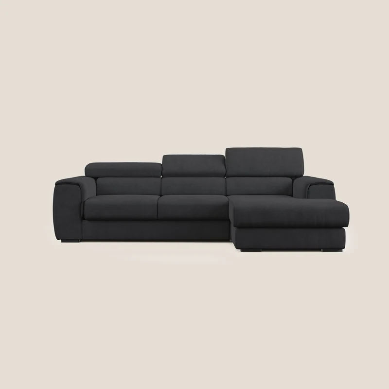 Zeno canapé d'angle et pouf extractible en tissu doux imperméable T02 noir