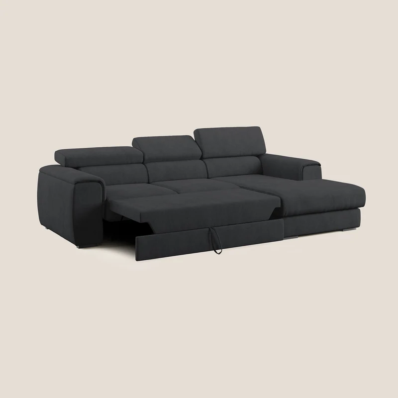 Zeno canapé d'angle et pouf extractible en tissu doux imperméable T02 noir