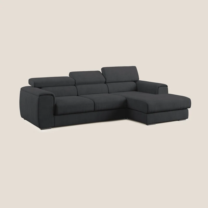 Zeno canapé d'angle et pouf extractible en tissu doux imperméable T02 noir