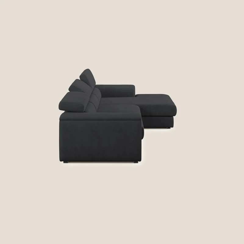 Zeno canapé d'angle et pouf extractible en tissu doux imperméable T02 noir