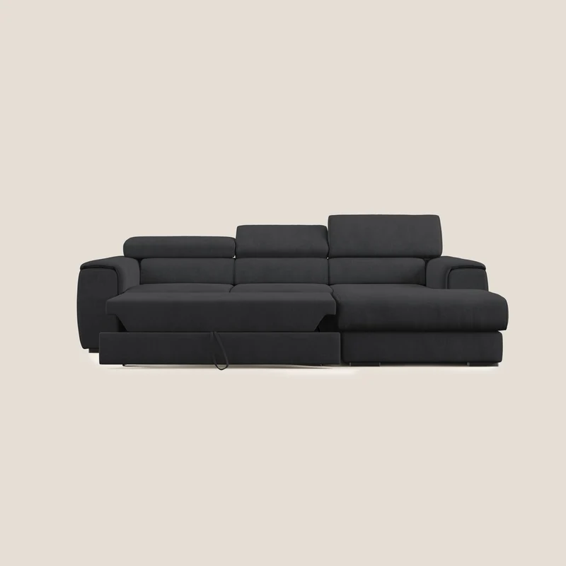 Zeno canapé d'angle et pouf extractible en tissu doux imperméable T02 noir