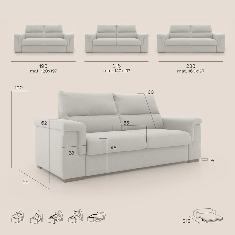Magnolia canapé convertible avec matelas H 18cm et dossier haut et moelleux en tissu détachable T05 beige