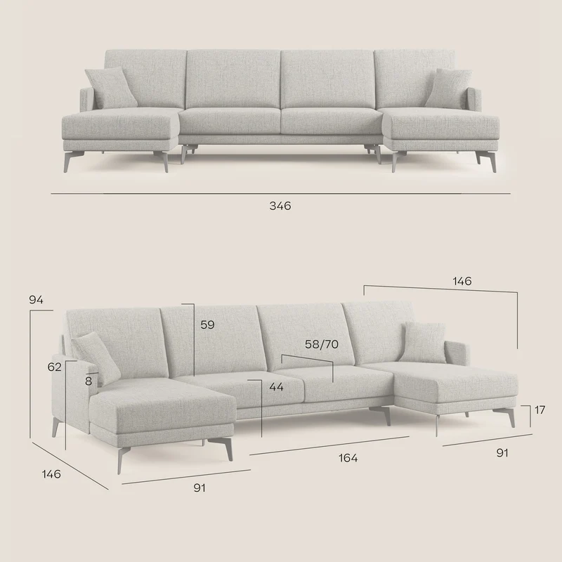 Saturno canapé panoramique moderne en tissu doux imperméable T03 taupe