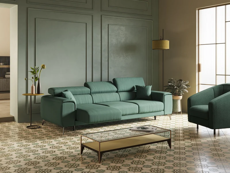 Fusion Canapé avec 3 assises coulissantes en tissu doux antitache T05 vert