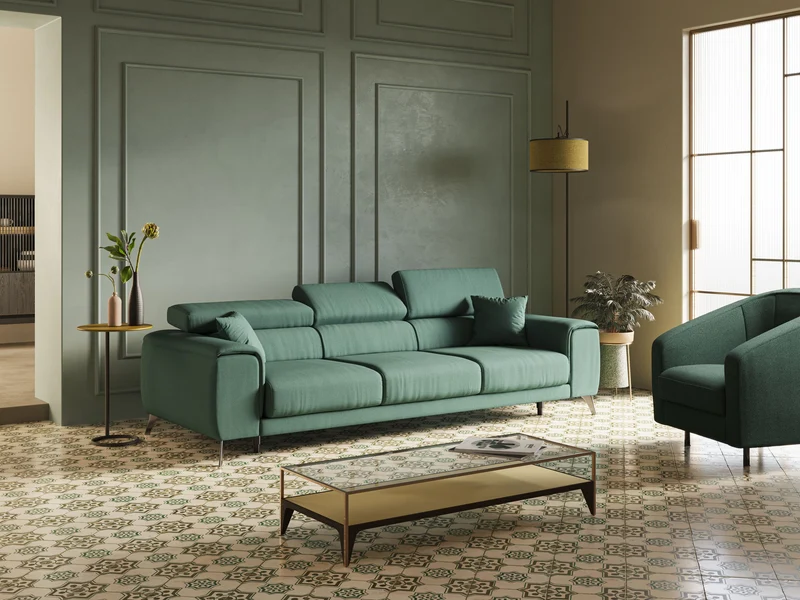 Fusion Canapé avec 3 assises coulissantes en tissu doux antitache T05 vert