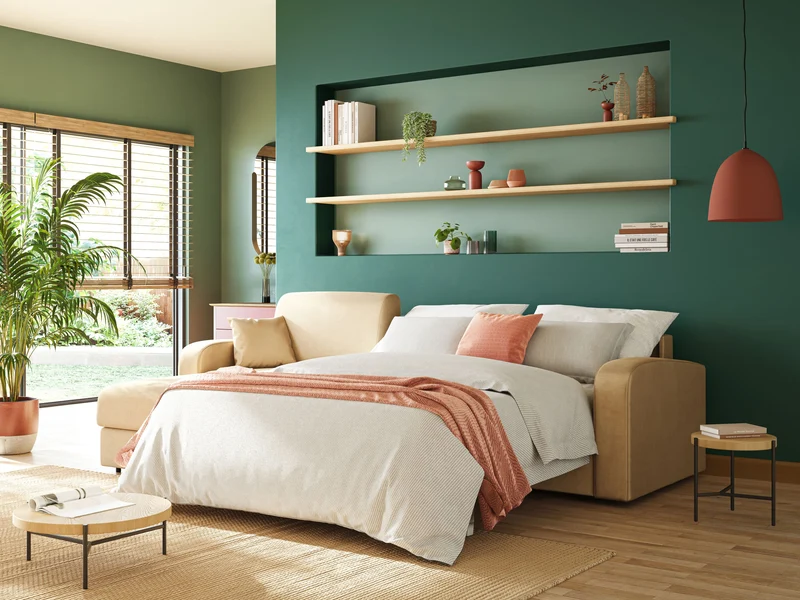Lebron Canapé-lit d’angle avec méridienne en velours doux T01 beige