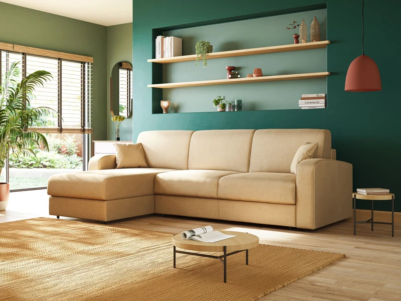 Lebron Canapé-lit d’angle avec méridienne en velours doux T01 beige