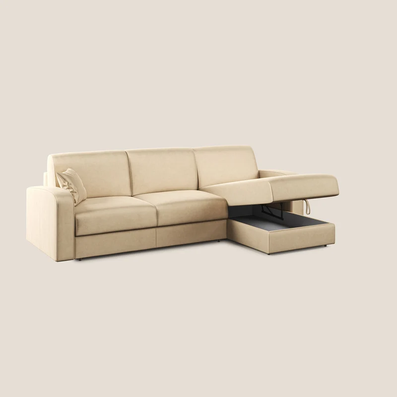 Lebron Canapé-lit d’angle avec méridienne en velours doux T01 beige