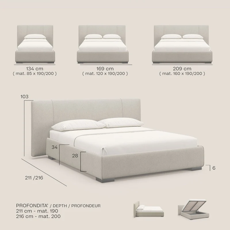 Omero lit avec coffre rembourré déhoussable en tissu flammé imperméable T14 Taupe tortora