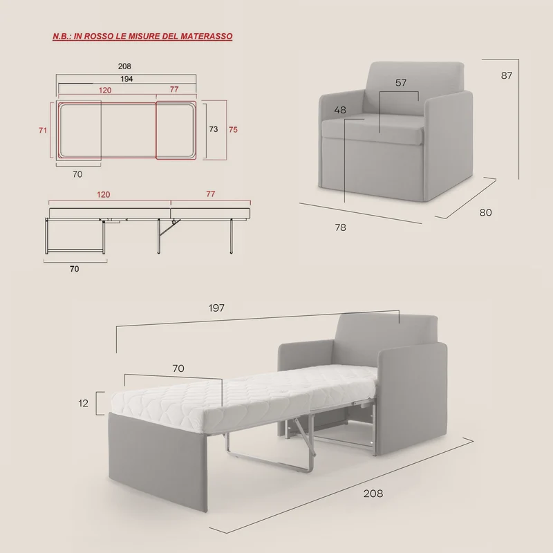 DAG Fauteuil lit en tissu imperméable T13 rouge