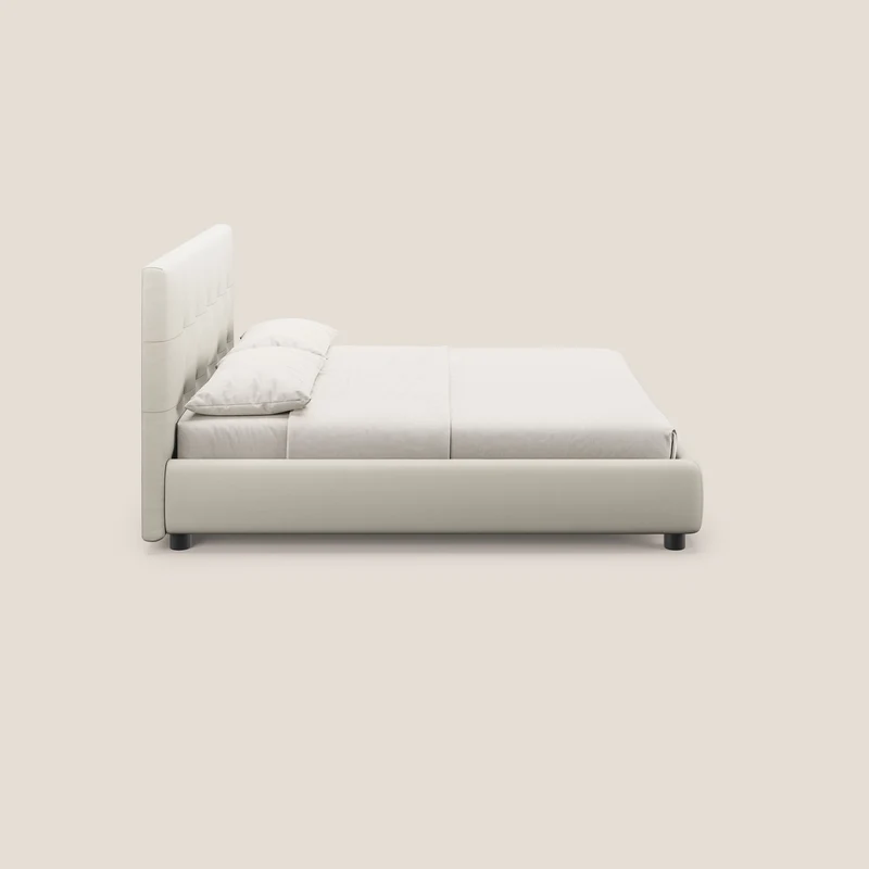 Minato lit coffre avec tête de lit capitonnée en similicuir imperméable T04 blanc