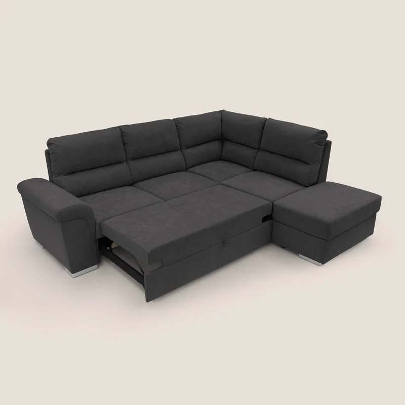 Minerva canapé d'angle avec angle et pouf extractible en tissu doux imperméable T02 noir