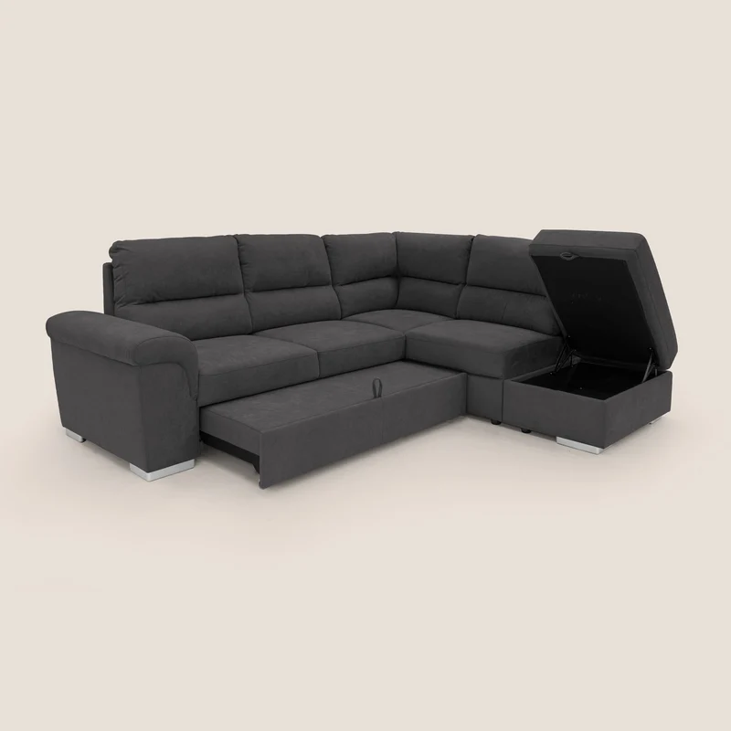 Minerva canapé d'angle avec angle et pouf extractible en tissu doux imperméable T02 noir
