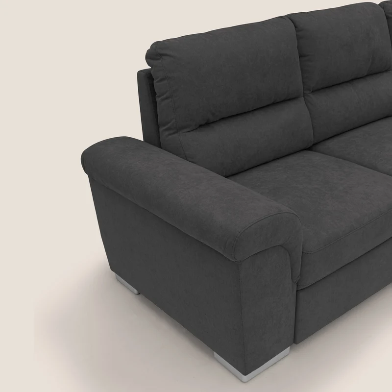 Minerva canapé d'angle avec angle et pouf extractible en tissu doux imperméable T02 noir