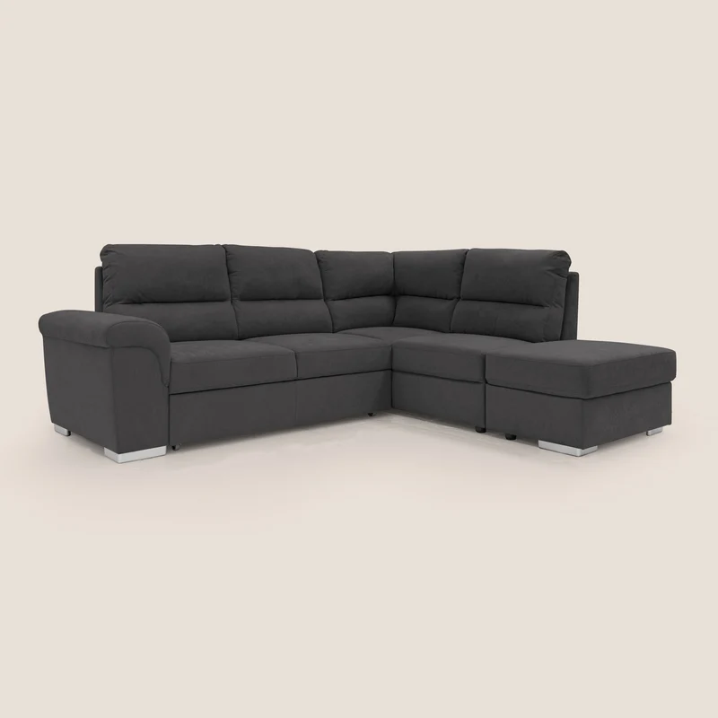Minerva canapé d'angle avec angle et pouf extractible en tissu doux imperméable T02 noir