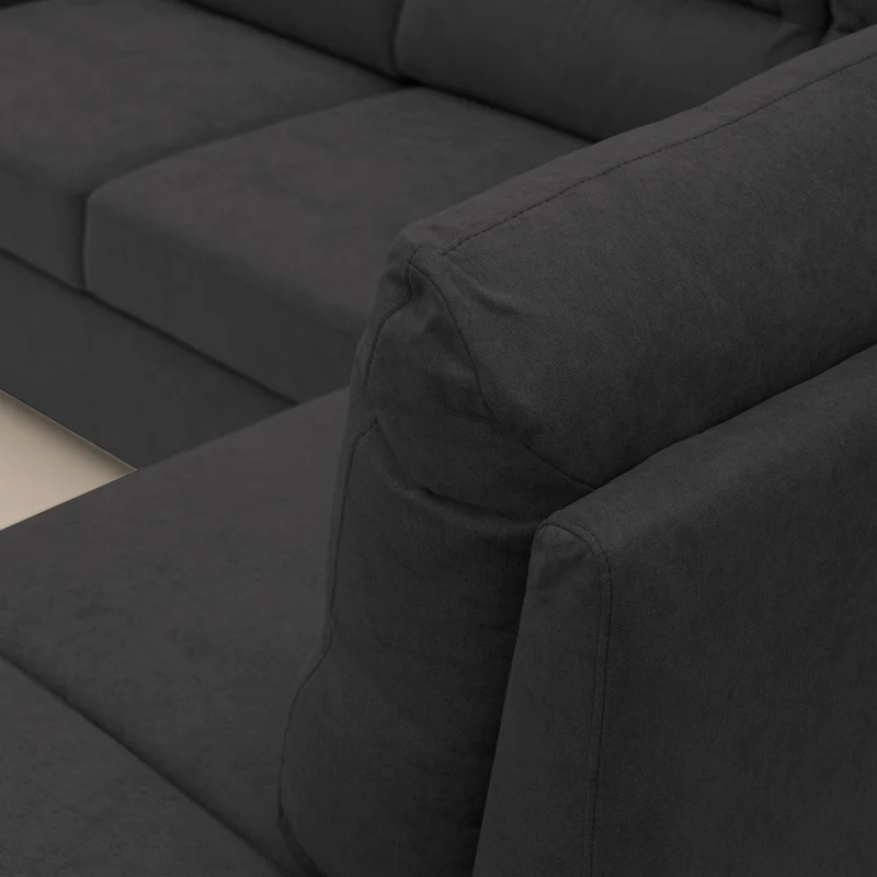 Minerva canapé d'angle avec angle et pouf extractible en tissu doux imperméable T02 noir